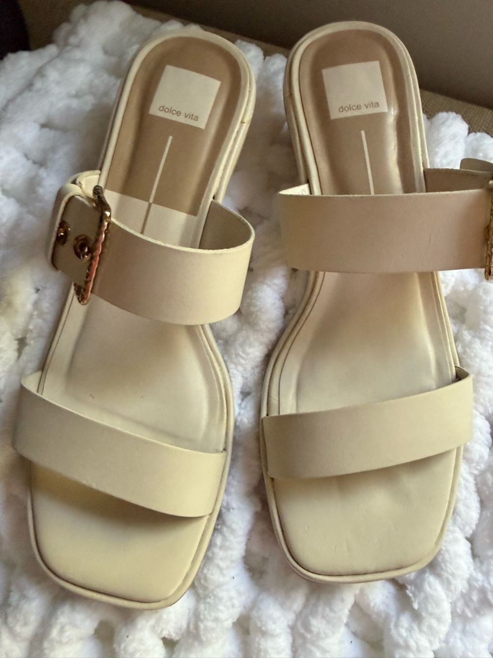 Dolce Vita Beige Double-Strap Slide Sandals with Gold Buckle